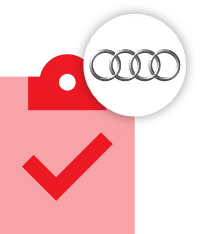 A red price tag with a white circle containing the Audi logo, which consists of four interlocking rings, in the upper right corner—perfect for promoting Audi Repair or Audi Servicing deals.