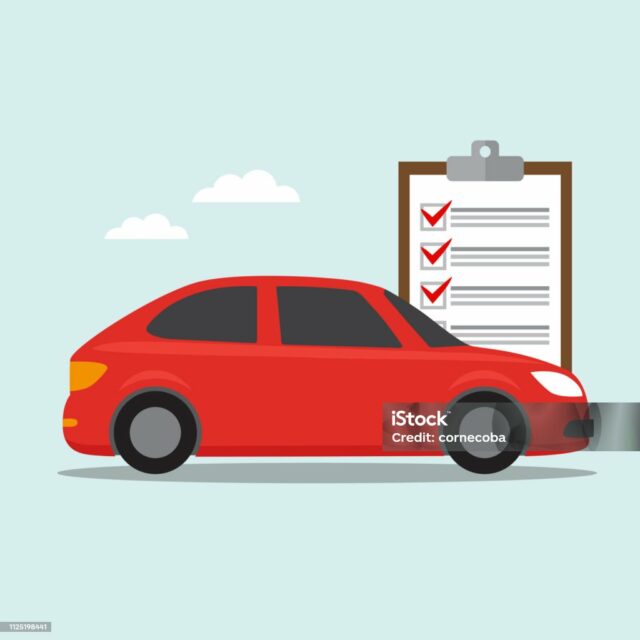 Illustration of a red used car next to an inspection checklist on a clipboard with all items checked off.