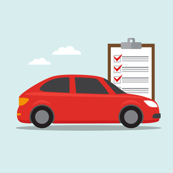 Illustration of a red car beside a Used Car Inspection Checklist on a clipboard, complete with red checkmarks.